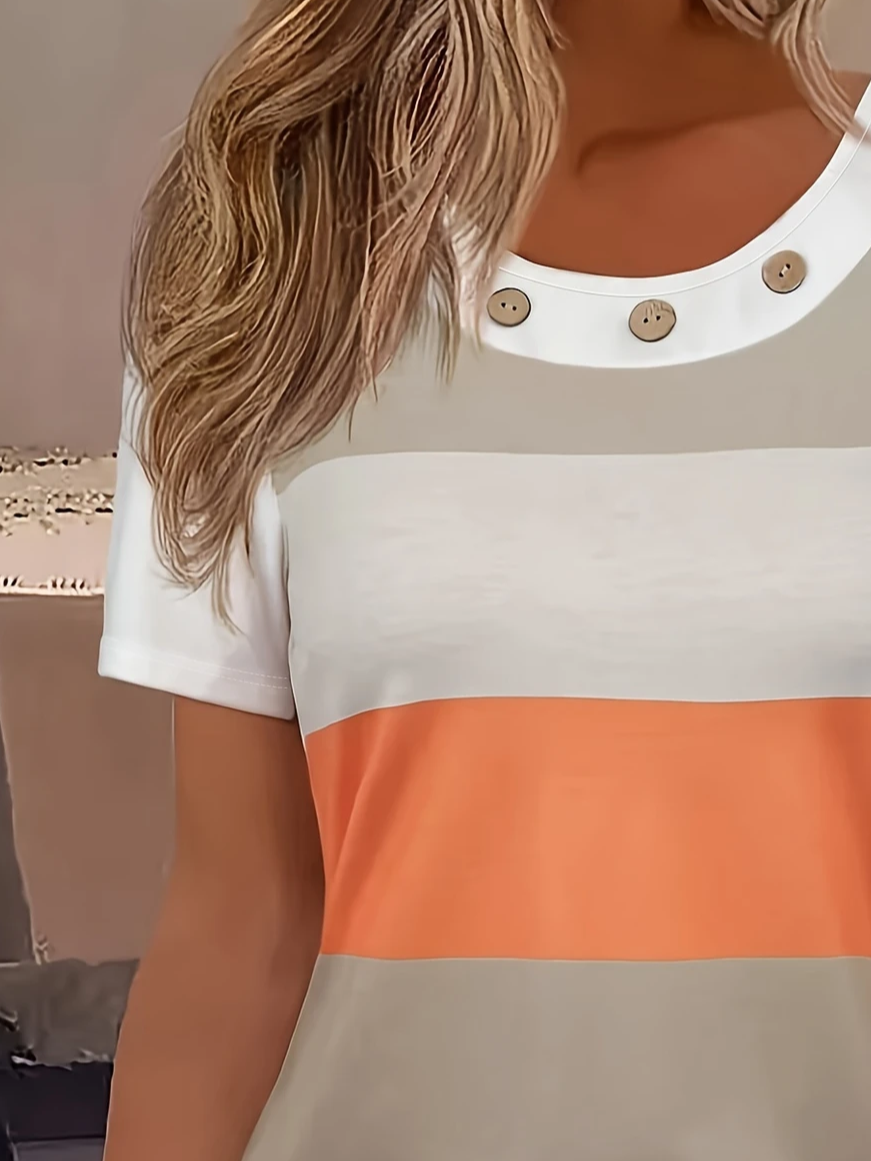 Lässig Gestreift Rundhals Kurzarm T-Shirt