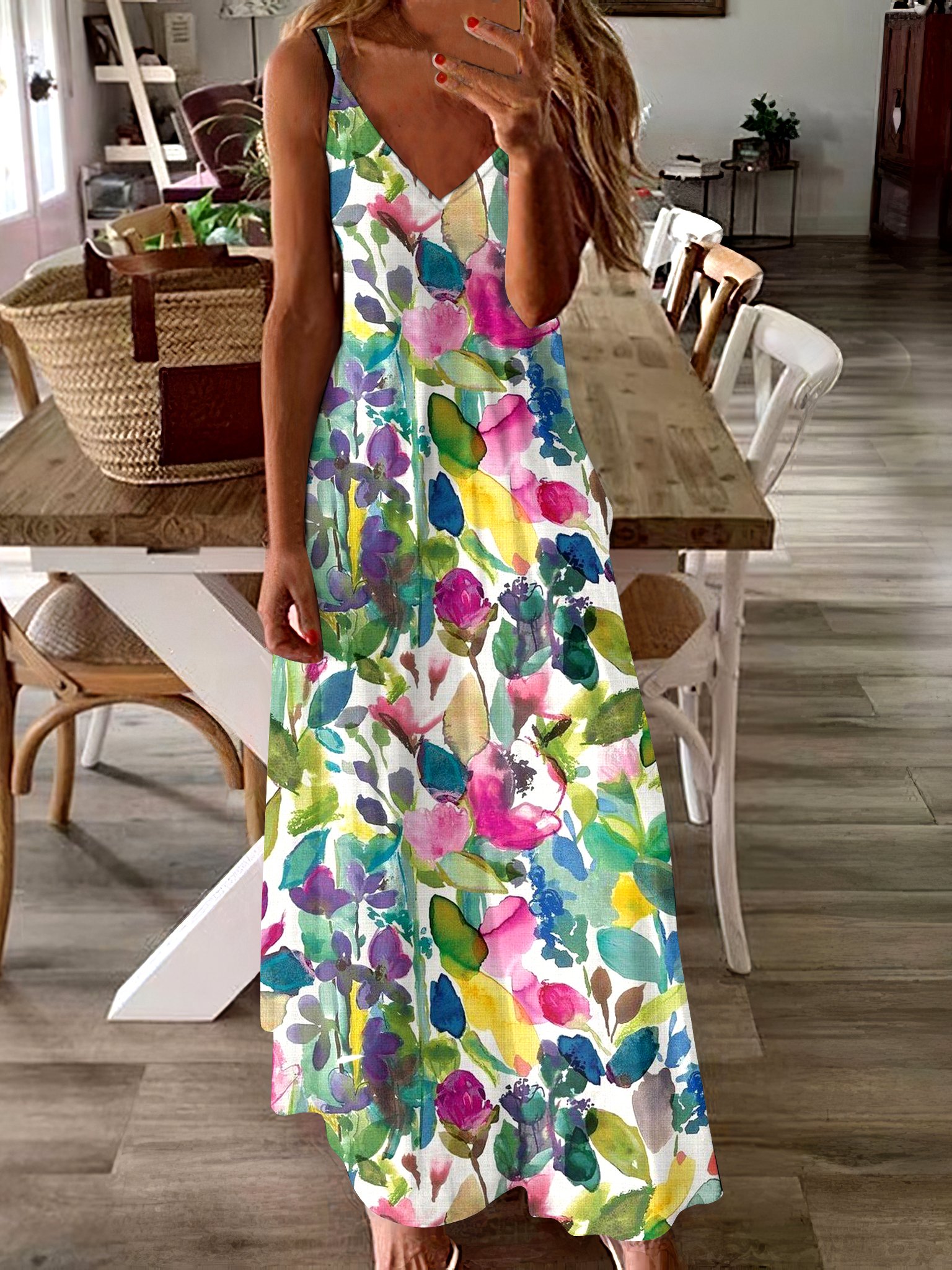 Damen Geblümt Spaghettiträger Ärmellos Bequem Lässig Maxikleid