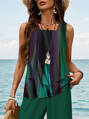 Damen Abstrakt Rundhals Ärmellos Bequem Lässig Print Bluse mit Hose Zweiteiliges Set