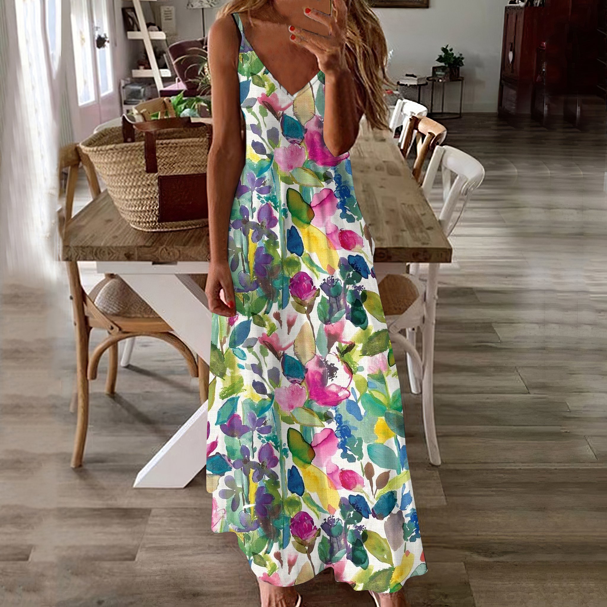 Damen Geblümt Spaghettiträger Ärmellos Bequem Lässig Maxikleid
