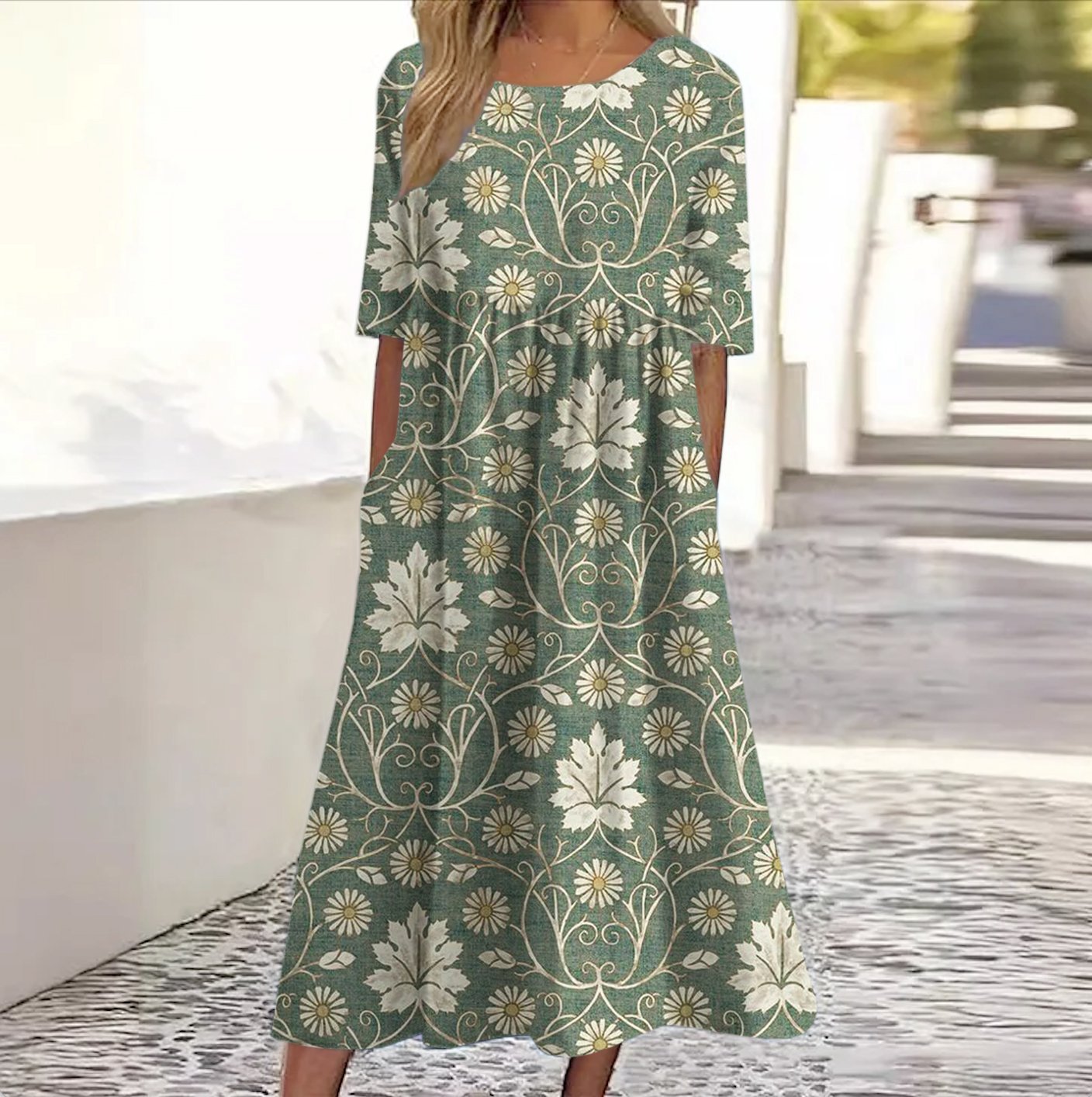 Damen Geblümt Rundhals Kurzarm Bequem Lässig Maxikleid