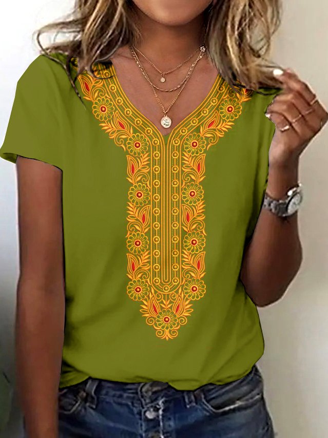 Lässig Geblümt V-Ausschnitt Kurzarm T-Shirt