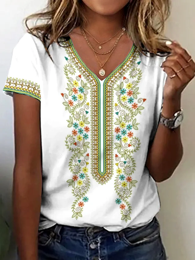 Lässig Geblümt V-Ausschnitt Kurzarm T-Shirt