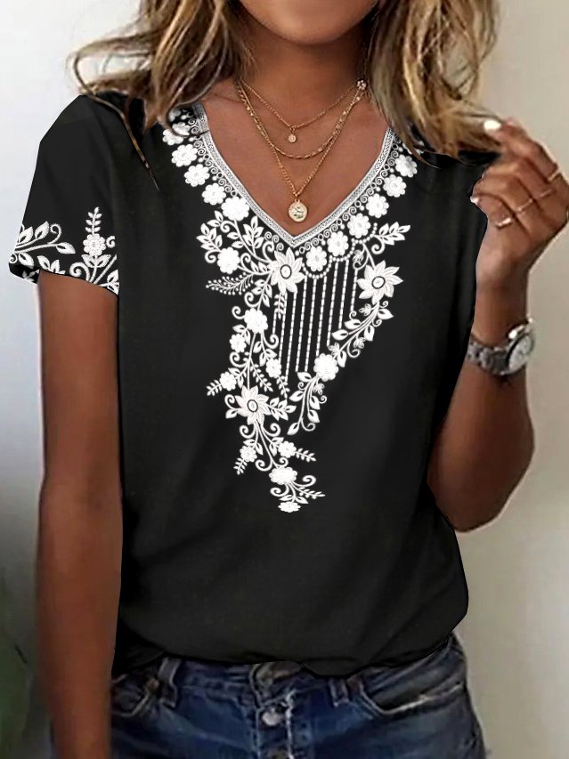 Lässig Geblümt V-Ausschnitt Kurzarm T-Shirt