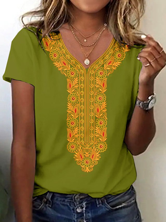 Lässig Geblümt V-Ausschnitt Kurzarm T-Shirt