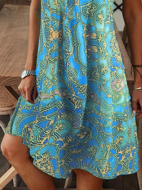Damen Geblümt Sommer Print Kleid V-Ausschnitt Kurzarm T-Shirt-Kleid H-Linie Kleid