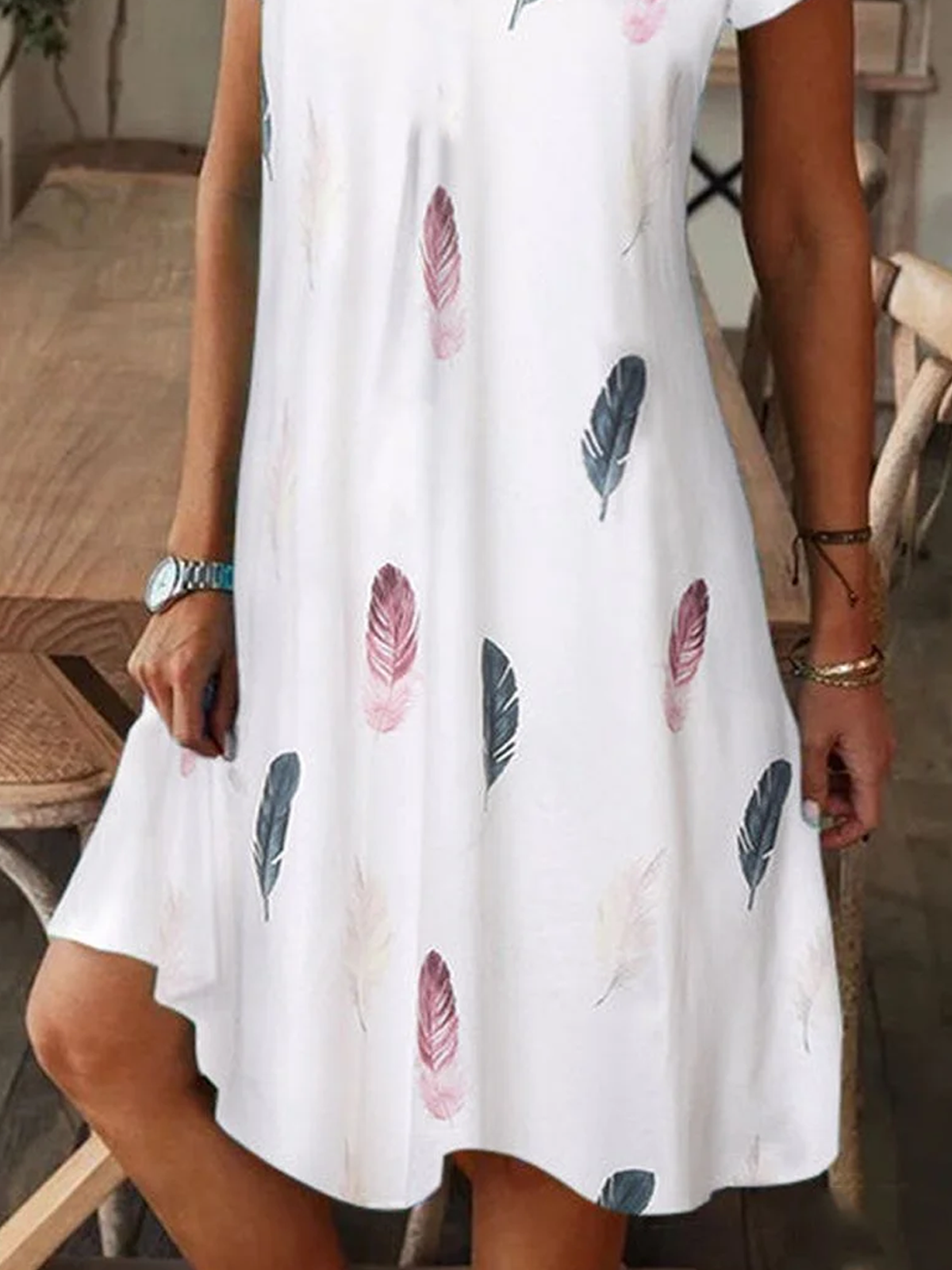 Damen Federmuster V-Ausschnitt Kurzarm Bequem Lässig Maxikleid