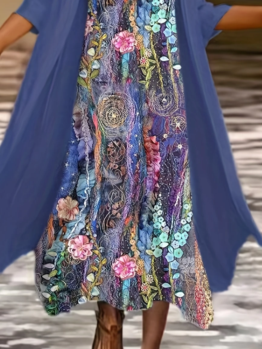 Damen Geblümt Rundhals Dreiviertelärmel Bequem Lässig Print Kleid mit Mantel Zweiteiliges Set