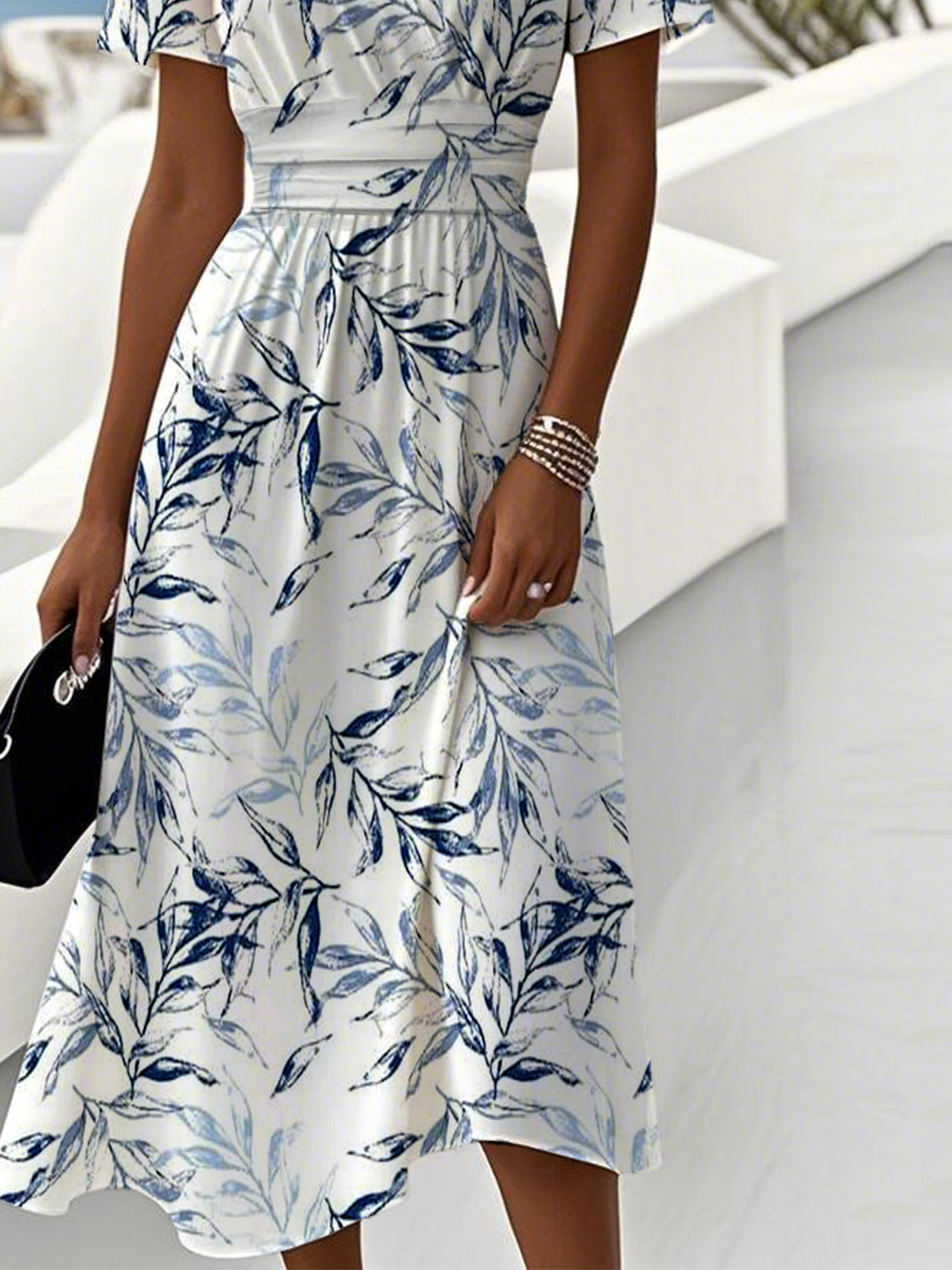 Damen Blätter Sommer Kleid V-Ausschnitt Kurzarm Strandkleid A-Linien-Kleid