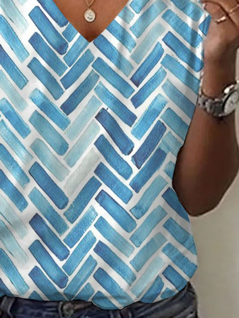 Lässig Geometrisch V-Ausschnitt Kurzarm T-Shirt