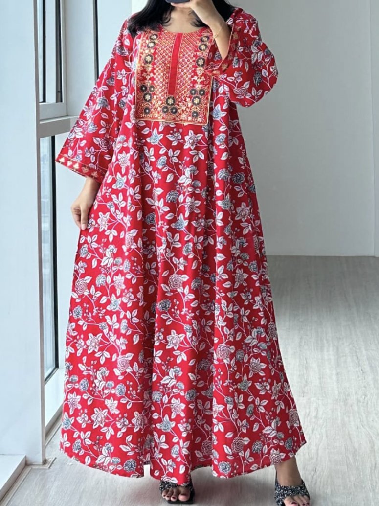 Damen Geblümt Rundhals Langarm Bequem Lässig Maxikleid