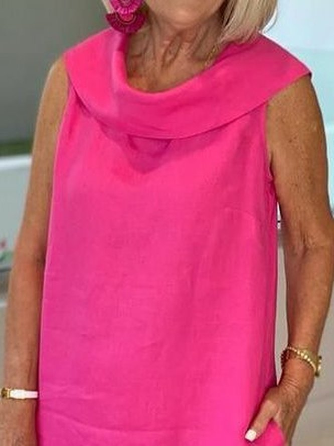 Damen Unifarben Schalkragen Ärmellos Bequem Lässig Maxikleid