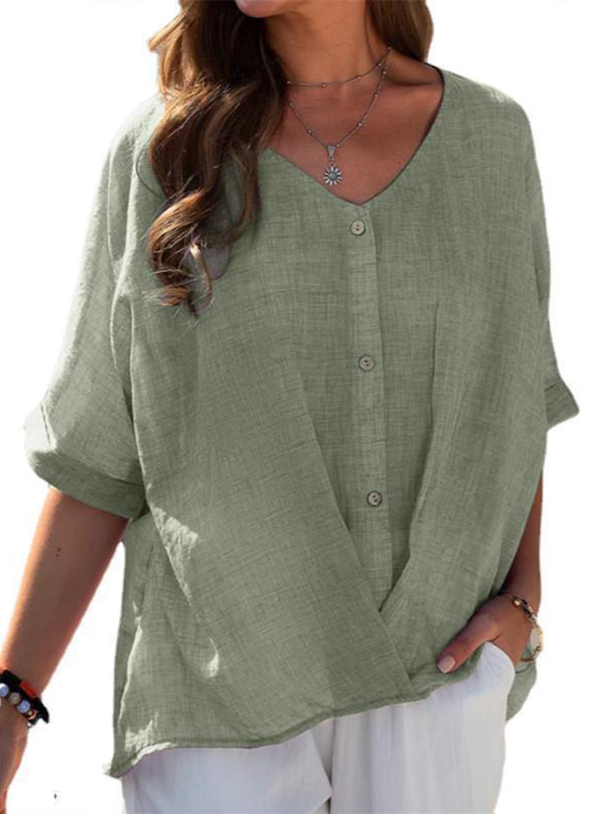 V-Ausschnitt Halbarm Unifarben Pullover Leicht Weit Bluse für Damen