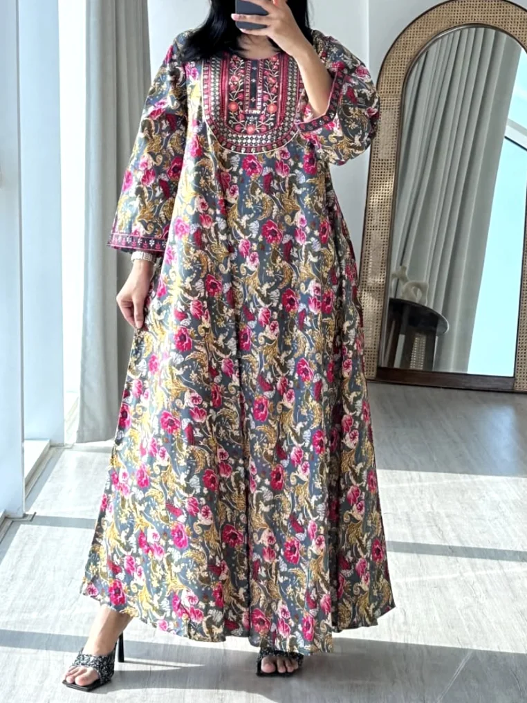 Damen Geblümt Rundhals Langarm Bequem Lässig Maxikleid