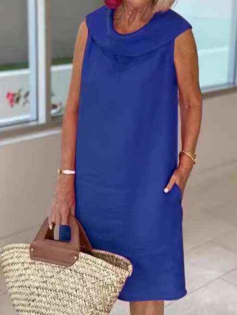 Damen Unifarben Schalkragen Ärmellos Bequem Lässig Maxikleid