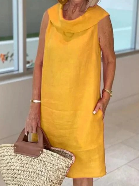 Damen Unifarben Schalkragen Ärmellos Bequem Lässig Maxikleid