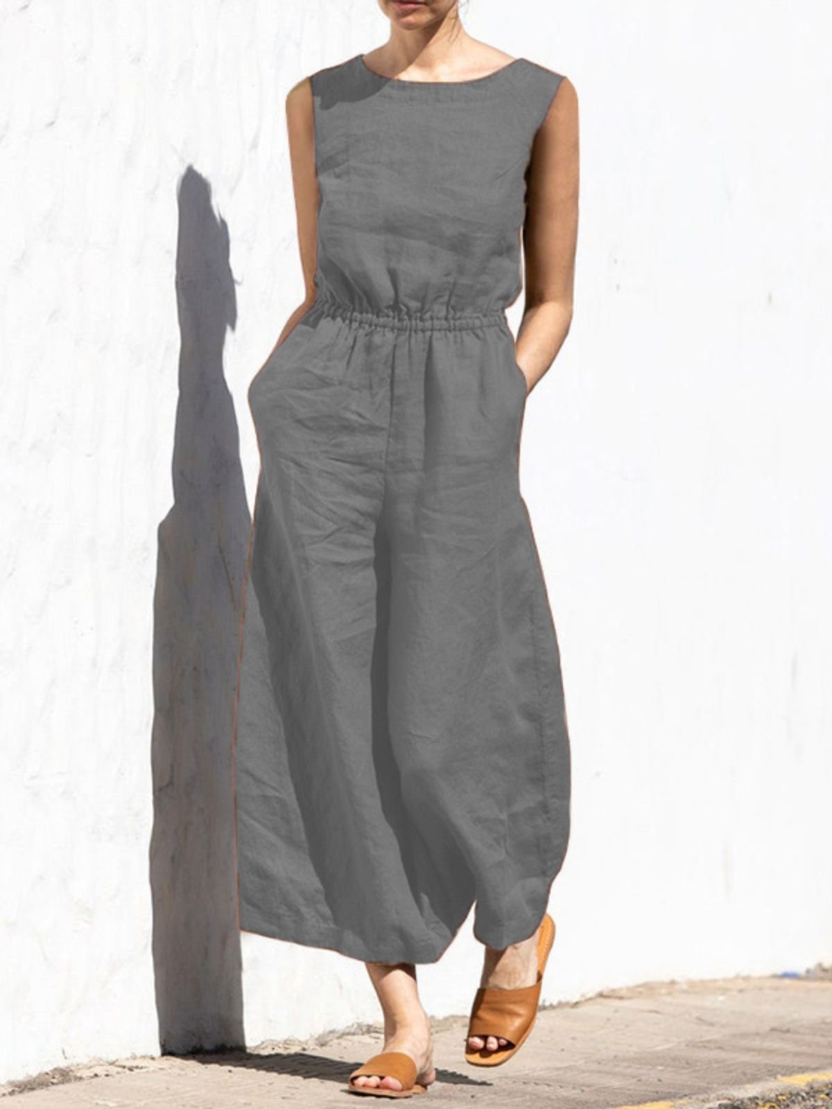 Damen Ärmellos Rundhals Regelmäßige Passform Lang Täglich Lässig Unifarben Normal Tanktop Jumpsuit