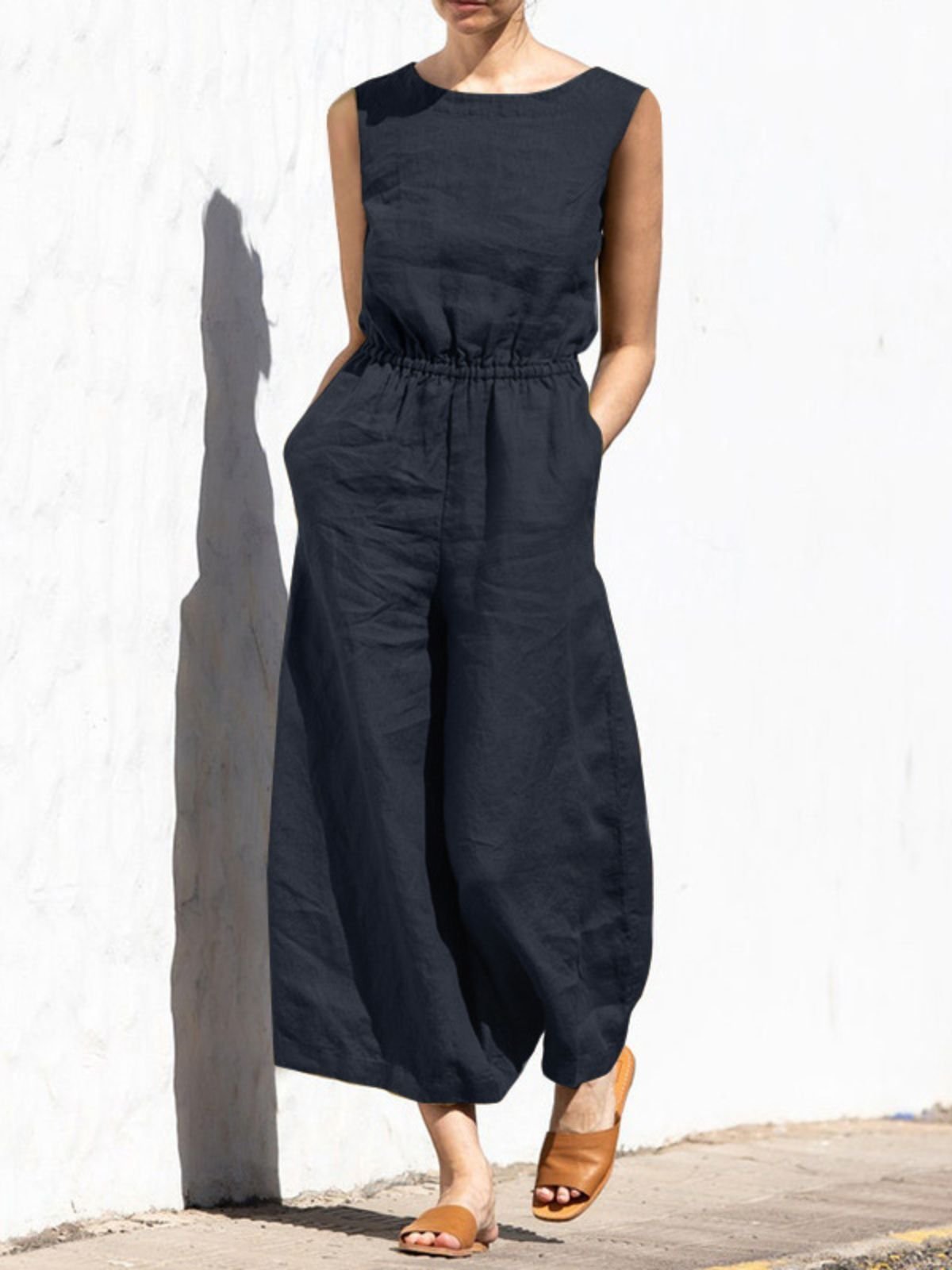 Damen Ärmellos Rundhals Regelmäßige Passform Lang Täglich Lässig Unifarben Normal Tanktop Jumpsuit