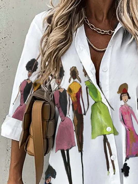 Hemdkragen Langarm Abstrakt Regelmäßig Weit Bluse für Damen