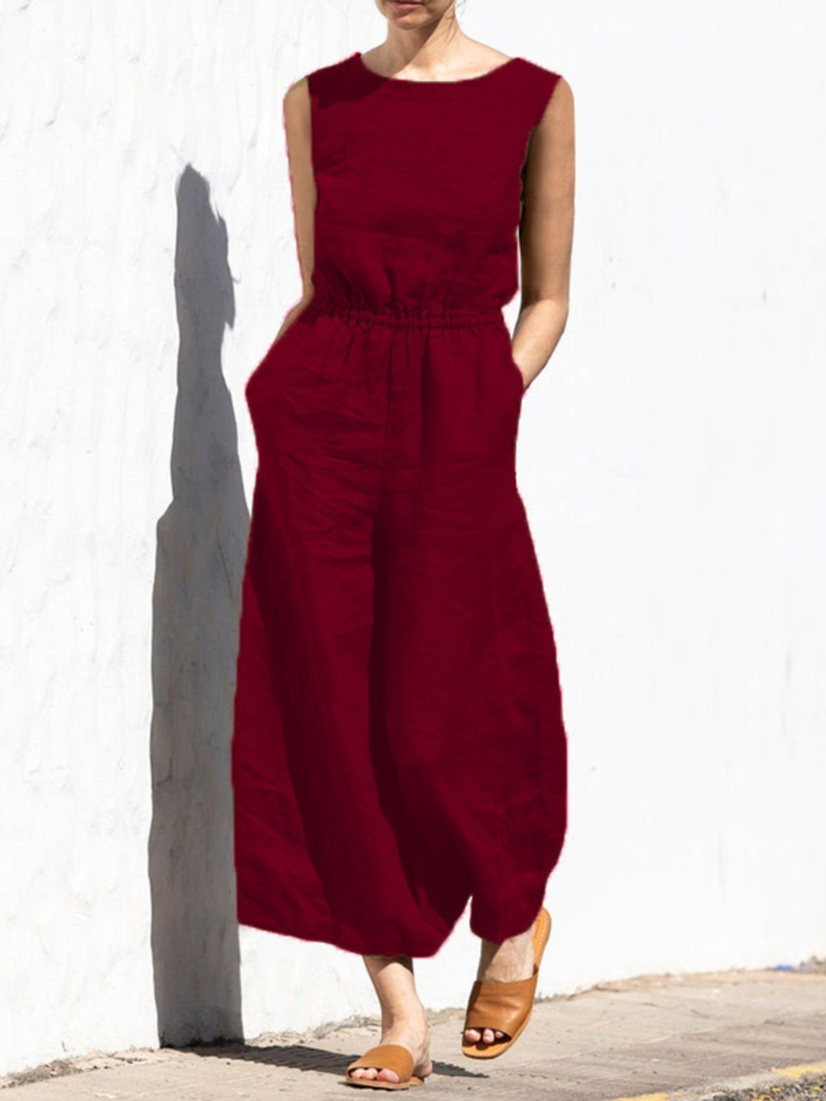 Damen Ärmellos Rundhals Regelmäßige Passform Lang Täglich Lässig Unifarben Normal Tanktop Jumpsuit