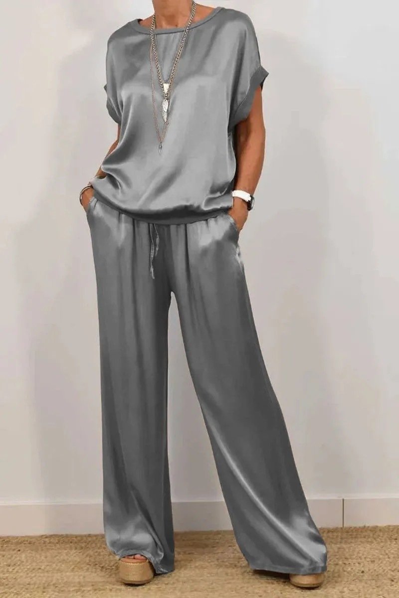 Damen Unifarben Rundhals Halbarm Bequem Lässig Bluse mit Hose Zweiteiliges Set