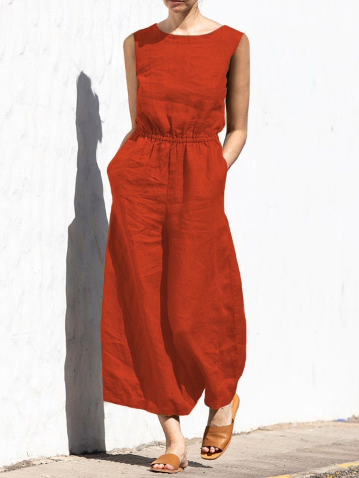 Damen Ärmellos Rundhals Regelmäßige Passform Lang Täglich Lässig Unifarben Normal Tanktop Jumpsuit