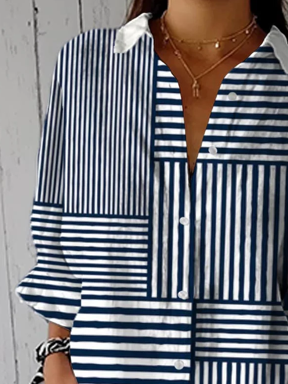 Hemdkragen Dreiviertelärmel Gestreift Print Regelmäßig Weit Bluse für Damen