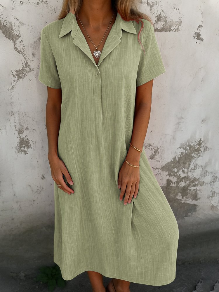 Damen Unifarben Hemdkragen Kurzarm Bequem Lässig Maxikleid