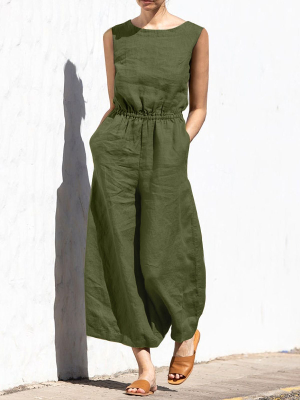 Damen Ärmellos Rundhals Regelmäßige Passform Lang Täglich Lässig Unifarben Normal Tanktop Jumpsuit