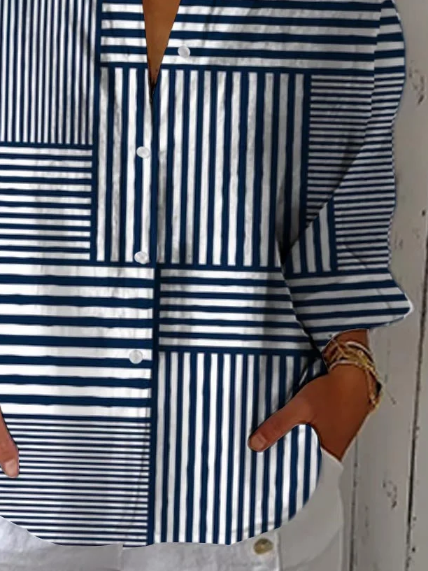 Hemdkragen Dreiviertelärmel Gestreift Print Regelmäßig Weit Bluse für Damen