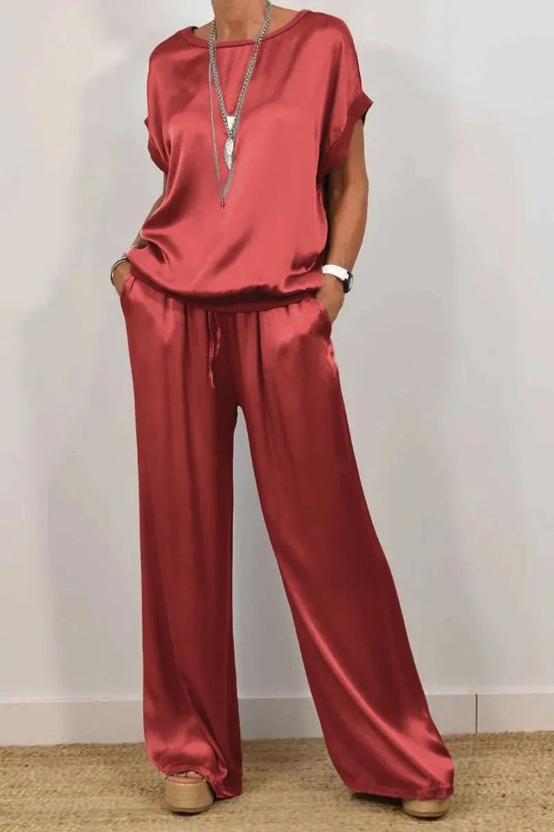 Damen Unifarben Rundhals Halbarm Bequem Lässig Bluse mit Hose Zweiteiliges Set