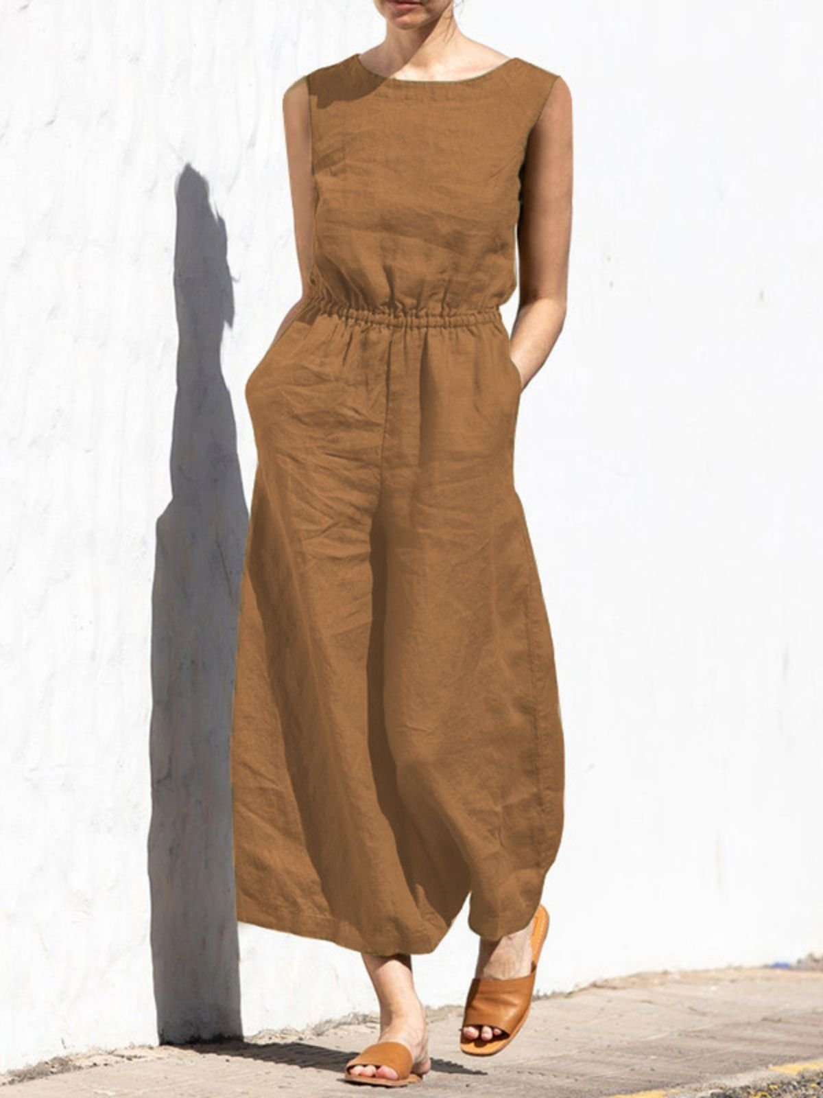 Damen Ärmellos Rundhals Regelmäßige Passform Lang Täglich Lässig Unifarben Normal Tanktop Jumpsuit