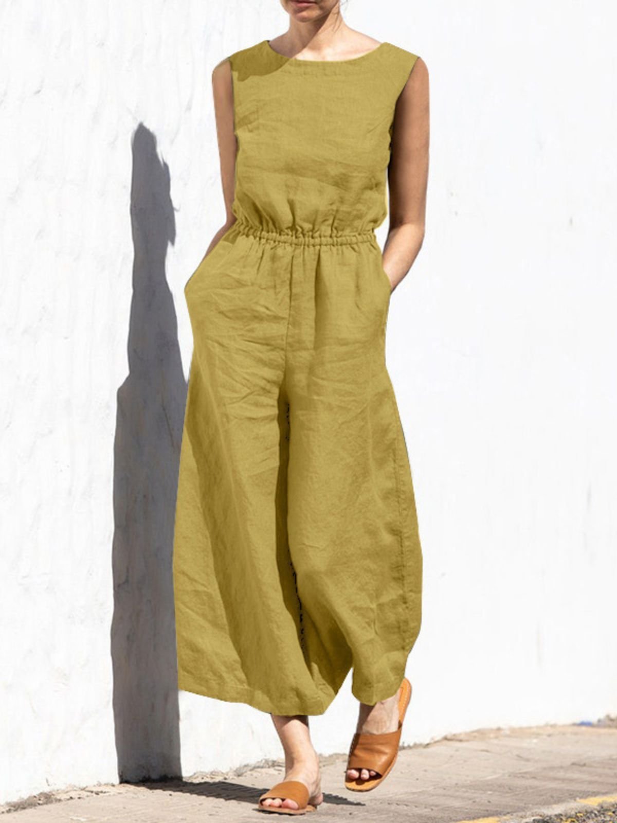Damen Ärmellos Rundhals Regelmäßige Passform Lang Täglich Lässig Unifarben Normal Tanktop Jumpsuit