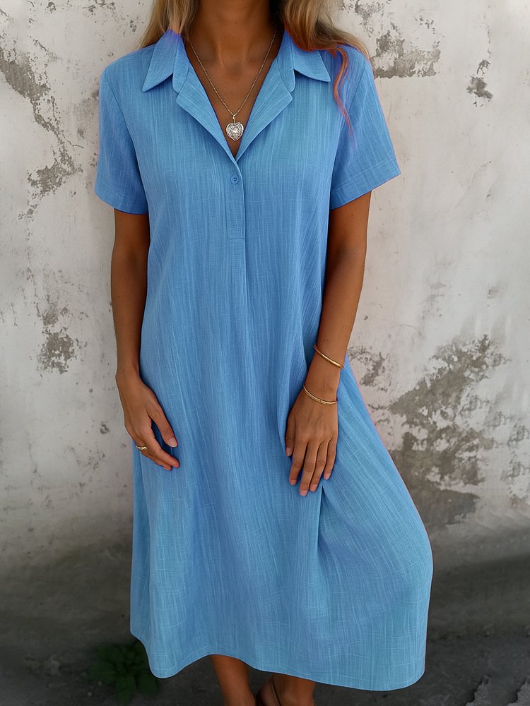 Damen Unifarben Hemdkragen Kurzarm Bequem Lässig Maxikleid