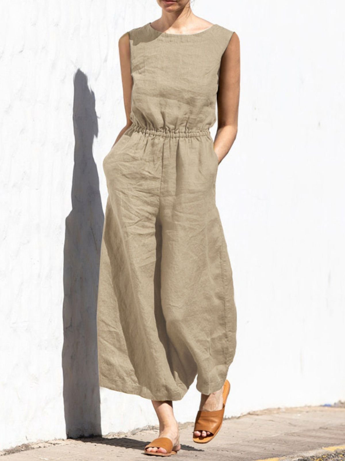Damen Ärmellos Rundhals Regelmäßige Passform Lang Täglich Lässig Unifarben Normal Tanktop Jumpsuit