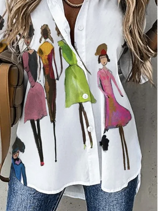 Hemdkragen Langarm Abstrakt Regelmäßig Weit Bluse für Damen
