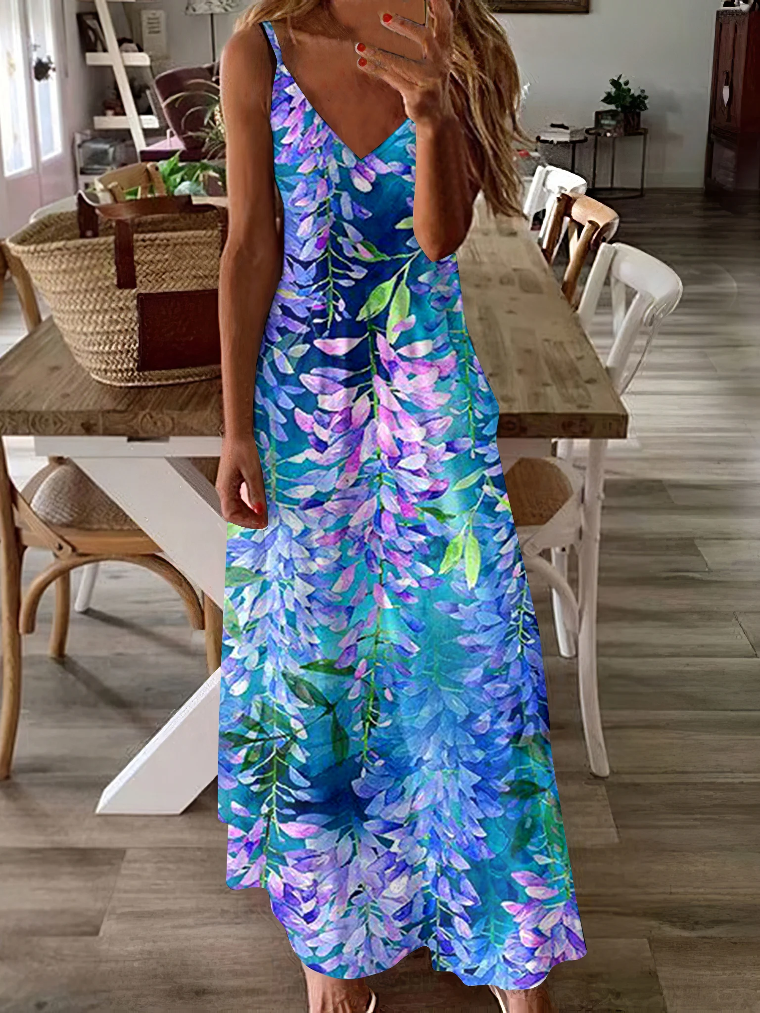 Damen Geblümt Spaghettiträger Ärmellos Bequem Lässig Maxikleid
