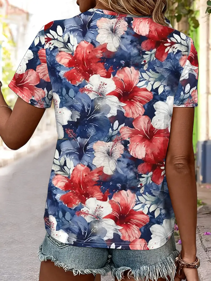 Lässig Geblümt V-Ausschnitt Kurzarm T-Shirt