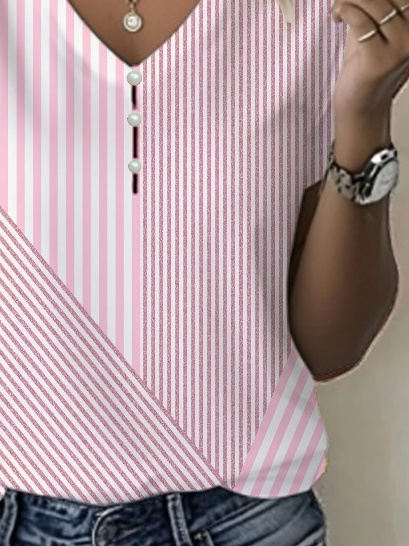Lässig Gestreift V-Ausschnitt Kurzarm T-Shirt