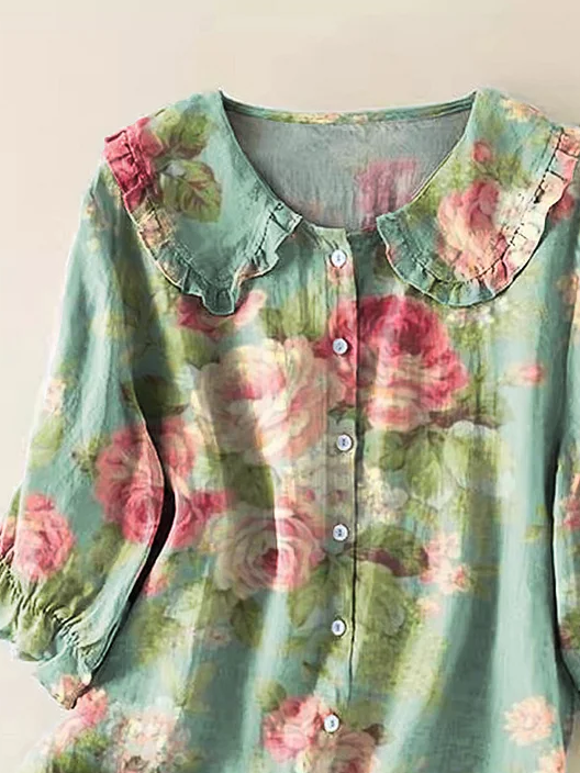 Schalkragen Kurzarm Geblümt Print Regelmäßig Weit Knopfhemd Bluse für Damen