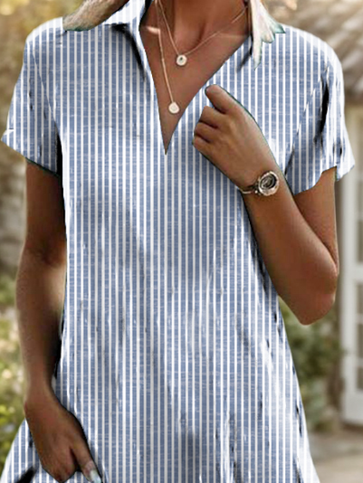 Damen Gestreift Schalkragen Kurzarm Bequem Lässig Print Knielänge Kleid