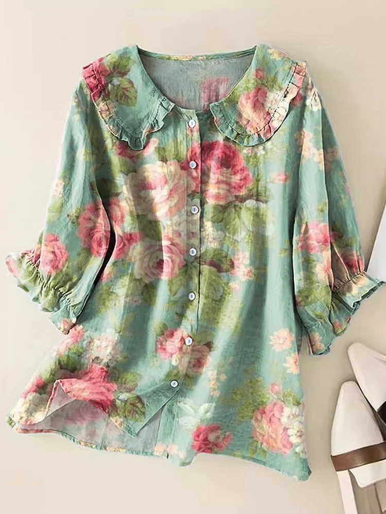 Schalkragen Kurzarm Geblümt Print Regelmäßig Weit Knopfhemd Bluse für Damen