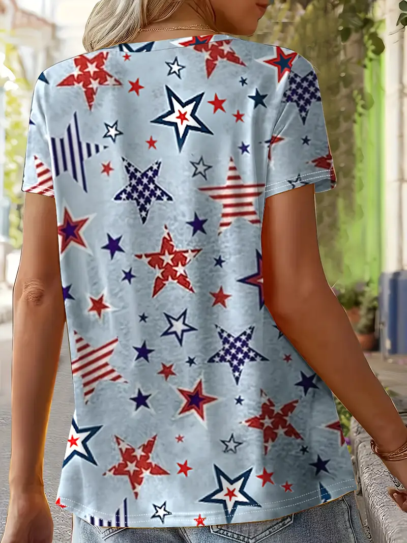 Lässig Amerika-Flagge V-Ausschnitt Kurzarm T-Shirt