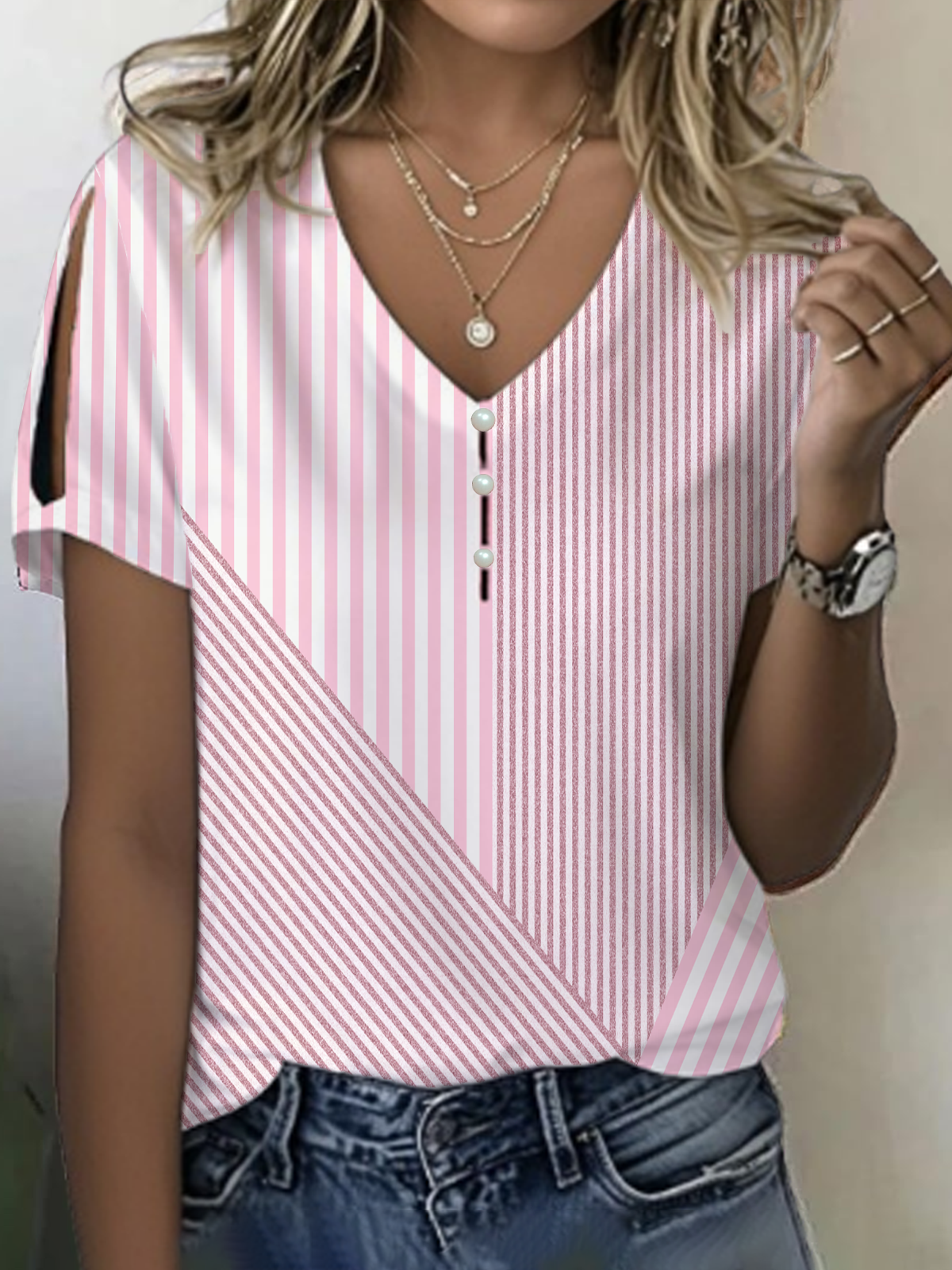 Lässig Gestreift V-Ausschnitt Kurzarm T-Shirt