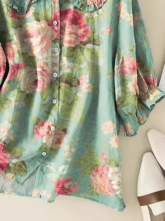 Schalkragen Kurzarm Geblümt Print Regelmäßig Weit Knopfhemd Bluse für Damen