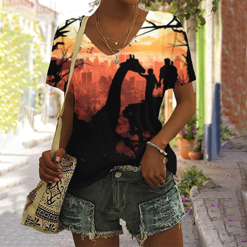 Lässig Geblümt V-Ausschnitt Kurzarm T-Shirt