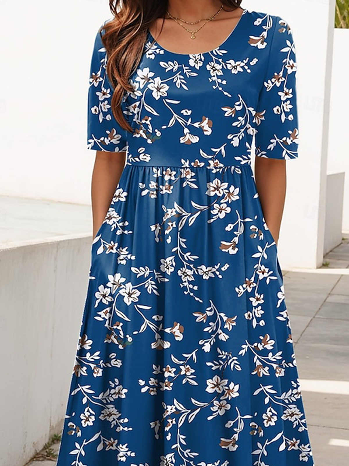 Damen Geblümt Rundhals Kurzarm Bequem Lässig Maxikleid