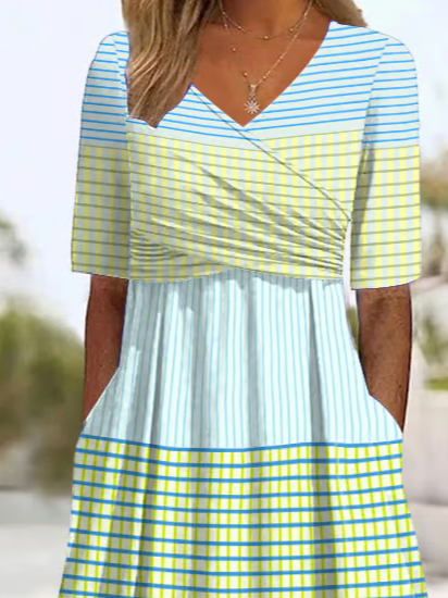 Damen Gestreift V-Ausschnitt Kurzarm Bequem Lässig Print Maxikleid