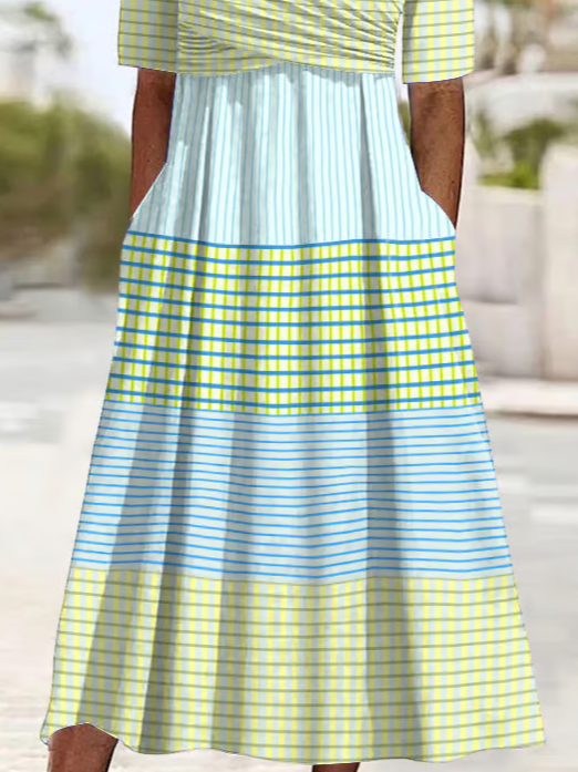Damen Gestreift V-Ausschnitt Kurzarm Bequem Lässig Print Maxikleid