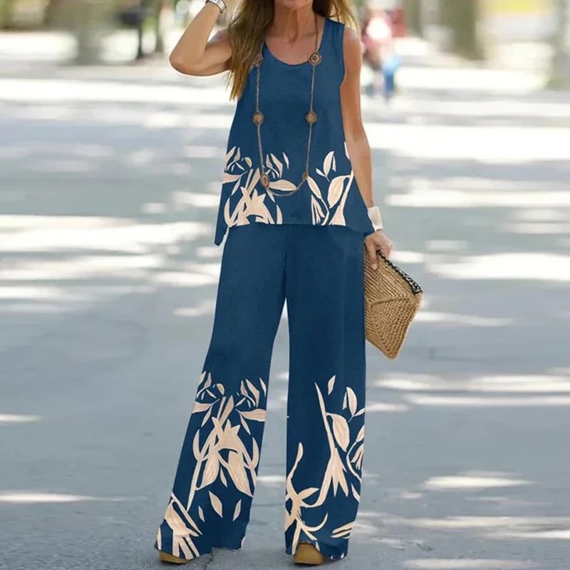 Damen Geometrisch Rundhals Ärmellos Bequem Retro Bluse mit Hose Zweiteiliges Set